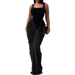 Figdaw Women's Elegant Maxi Dress Sexy Halter V Neck Sleeveless Side Split Ruched Ruffle Gown Formal Cocktail Party Evening Long Bodycon Dresses(Black,S,7582)