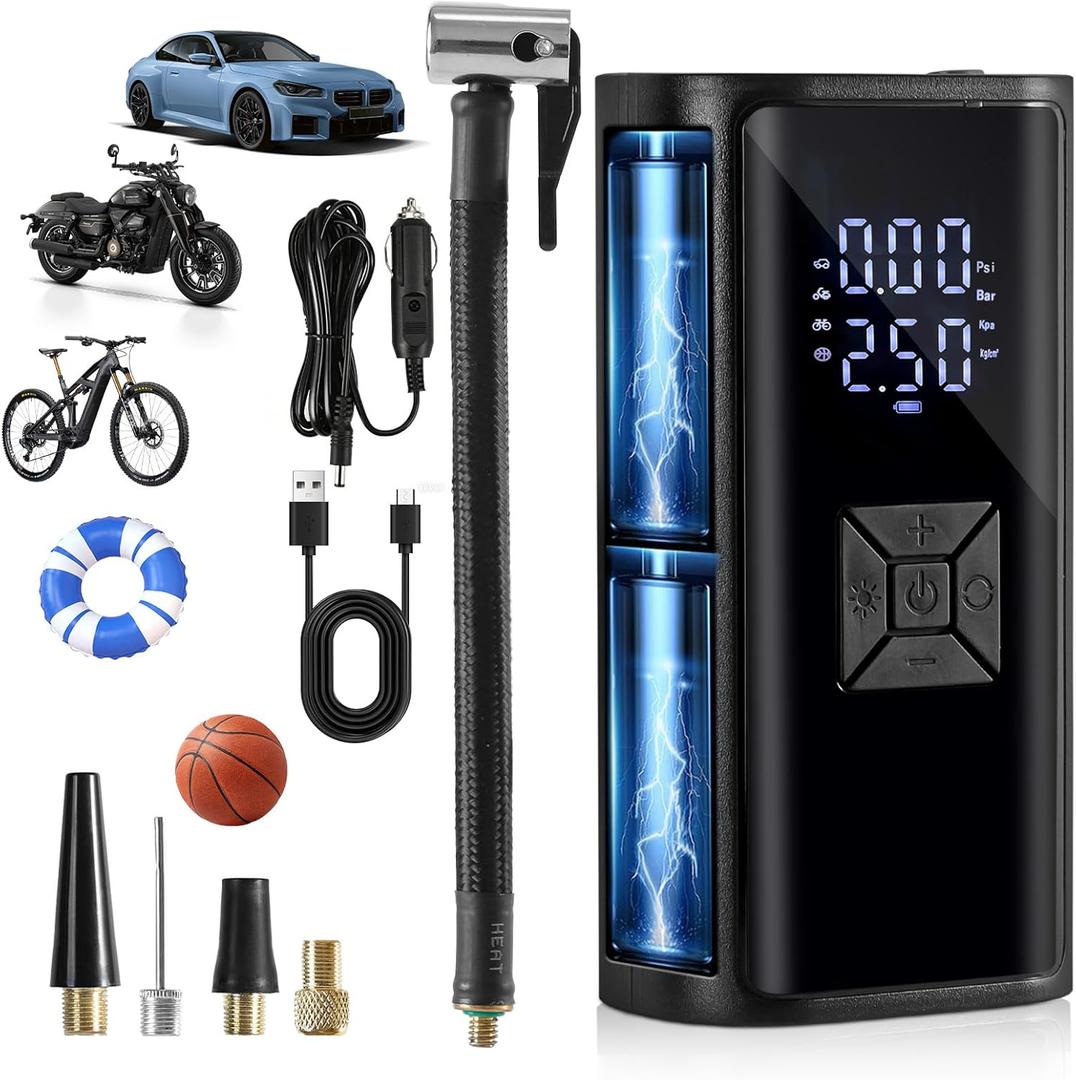 Tire Inflator Portable Air Compressor with LED Light, POLEDY Electric Bicycle Pump, Cordless Inflator Portable with Digital Gauge, Auto Shut Off, Battery Air Compressor for Car Bike Motorcycle Ball