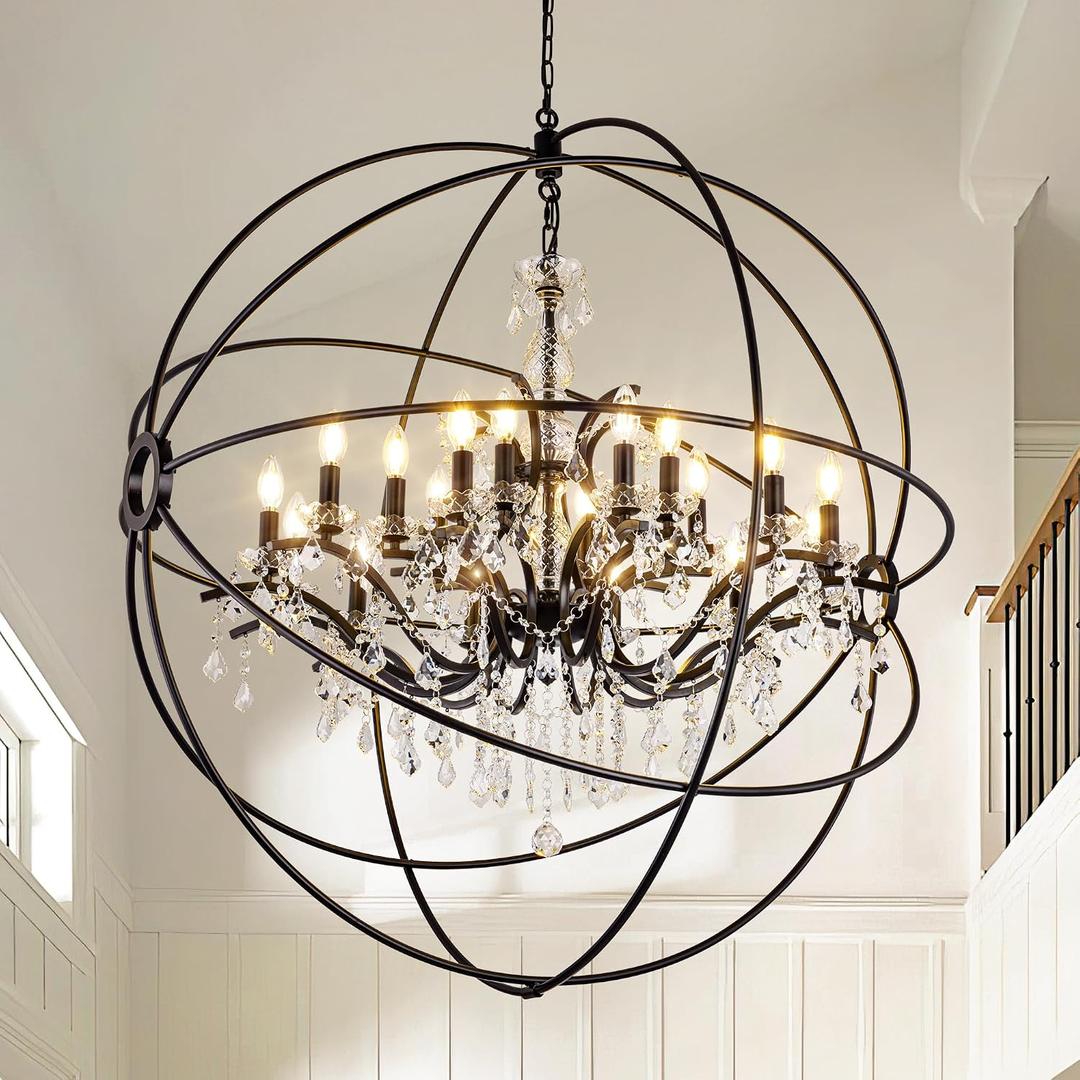 Wellmet Black Chandelier Light, Sphere Chandelier with Crystal for Foyer, Farmhouse Round Hanging Ceiling Lighting Fixture for Dining Room, Living Room Bedroom (Black, 42 inches)