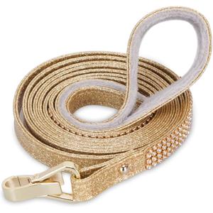 PetsHome Dog Leash, [Bling Rhinestones] Premium PU Leather Durable and Soft 6 FT Lead for Control Safety Training, Walking Small to Medium Dogs Gold