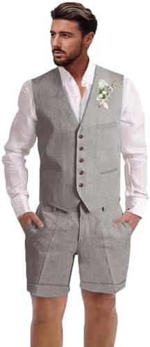 Dsteng Mens Linen Suit 2 Piece Short Suits for Men Casual Summer Beach Wedding Suit Linen Vest Shorts Set, XXXL