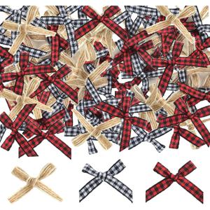120pcs Mini Bow, Buffalo Plaid Bows for Craft Red and Black Checkered Gingham Ribbon Farmhouse Home Decoration for Christmas Tree Gift Decorations Thanksgiving Home Decoration Gift DIY Making
