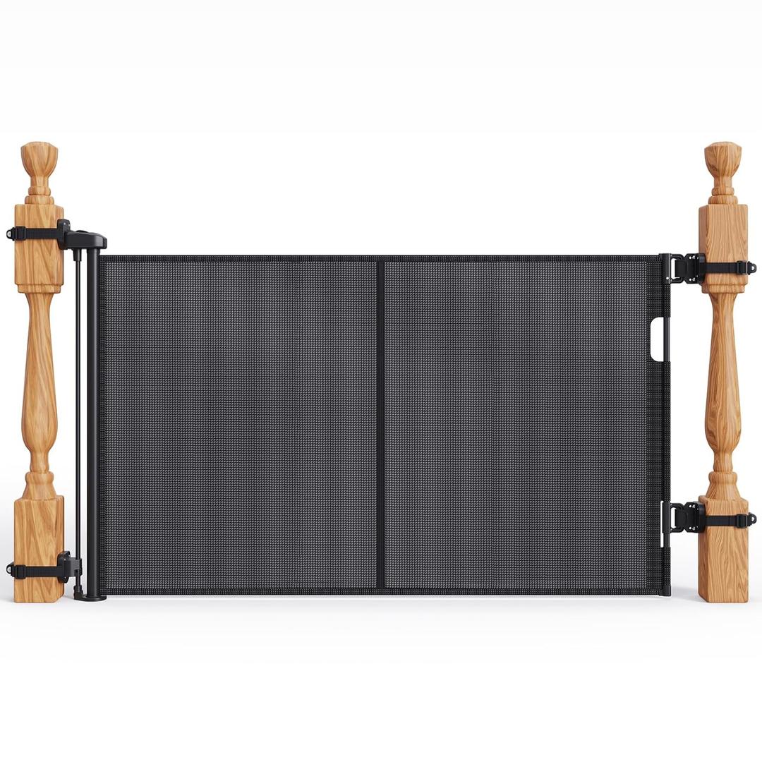 Upgraded Retractable Baby Gates for Stairs & Banister, Mesh Dog Gate Indoor, Extends to 55" Wide 33" Tall, Child Safety Gate for Stairway, Banister & Wall Mount (Black)