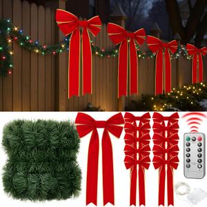 50 Feet Outdoor Christmas Fence Garland with 66ft Lights and 10 Large 28 10 Red Velvet Bows Garland for Fence Stairs Mantle Railing Holiday Party Xmas Decor(Colorful)