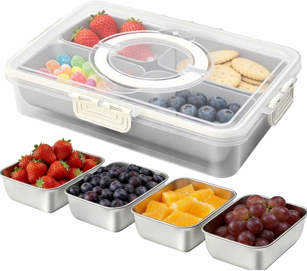 WanshengLe 4 in 1 Stainless Steel Snackle Box 3.82L with Lids and Handle, 4 PCS Dishwasher Safe & Detachable Snacklebox, 4 Divided Storage Organizer for Snacks Fruit Nuts