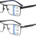 2 Pack Multifocal Progressive Reading Glasses Men, Blue Light Multifocus Bifocal Readers for Mid and Near Range