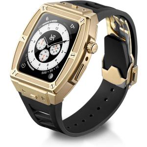 Luxury Stainless Steel Case Rubber Band for Apple Watch 44/45mm, Quick Release Replacement Leather Bands for Series 9/8/7/6/5/SE Iwatch,G-BR Luxury Stainless Steel Case Rubber Band for Apple Watch 44/45mm, Quick Release Replacement Leather Bands for Series 9/8/7/6/5/SE Iwatch,G-BR