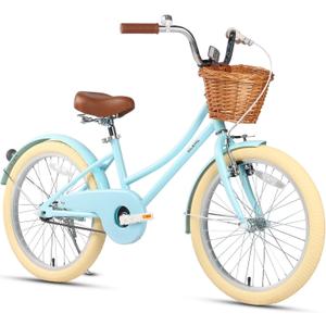 Glerc Little Molly 20 Inch Kids Bike, Retro Cruiser Girls Bike for Children Ages 7-13 Years Old, ‎Kids Bicycle with Wicker Basket & Kickstand, Blue