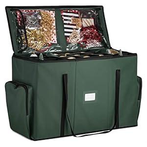 ZOBER All in One Christmas Ornament Storage Box & Decoration Container - Easy Access Removable Trays, Keeps 73 Ornaments - Adjustable Extent Area for Figurines and Pockets for Decoration - Green