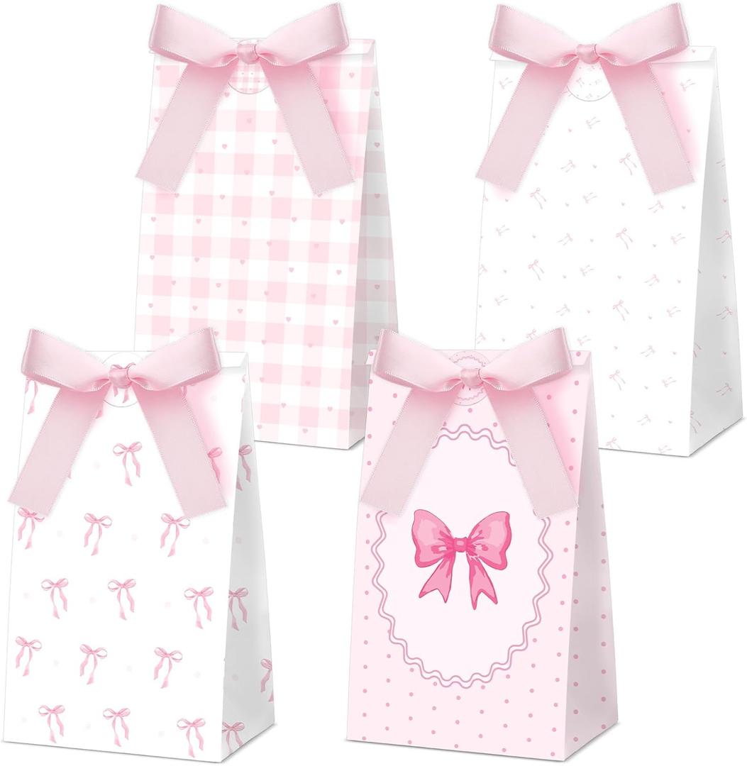 ojustbeok 24Pcs Pink Bow Favor Bags with Stickers Pink Bowknot Paper Gift Bags Bow Party Favor Candy Goody Bag for Girls Women Birthday Engagement Baby Bridal Shower Bachelorette Party Supplies