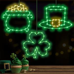 St Patricks Day Decorations Lights 3 Pack, Green Shamrock Hat Gold Pot Window Lights Up St Patricks Day Decor Indoor 8 Light Modes Remote with Timer, St Patrick's Day Window Light for Door Yard Party