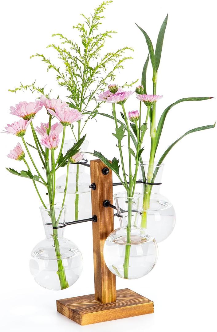 Plant Propagation Station, Plant Terrarium with Wood Stand for Hydroponics Plants, Home Office Garden Decor Planter, Plant Lover Gifts - 4 Bulb Glass Vases (Small)