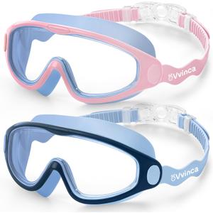 Vvinca Kids Swim Goggles 2 Pack, Soft Wave-Shape Strap (No Hair Pulling), Anti Fog Leak Free Swimming Goggles Boys Girls 3-15 (01 - Dark Light Blue + Pinkish Blue)