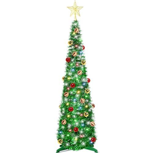 5 Ft Tinsel Christmas Tree with Timer 4 Modes 60 Warm White & Multi Color Change Lights 25 Ball Ornaments 3D Star Battery Operated Pop Up Artificial Tree Xmas Decoration Home Decor (Green)