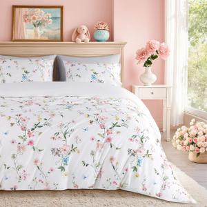 Shilucheng 100% Cotton Floral Duvet Cover King Size - 600 Thread Count, Breathable & Cooling Comforter Cover with Zipper ClosureHotel Bedding Duvet Covers 3 Piece (Jacaranda & Pink)
