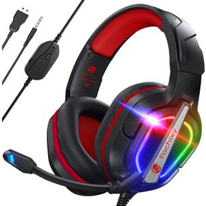 Fachixy FC200 PC Gaming Headset for PS4, PS5, Switch, Xbox One, Mac, Noise Canceling Headphones with Microphone, Computer Headset with 3.5mm Jack & RGB Light (RED)