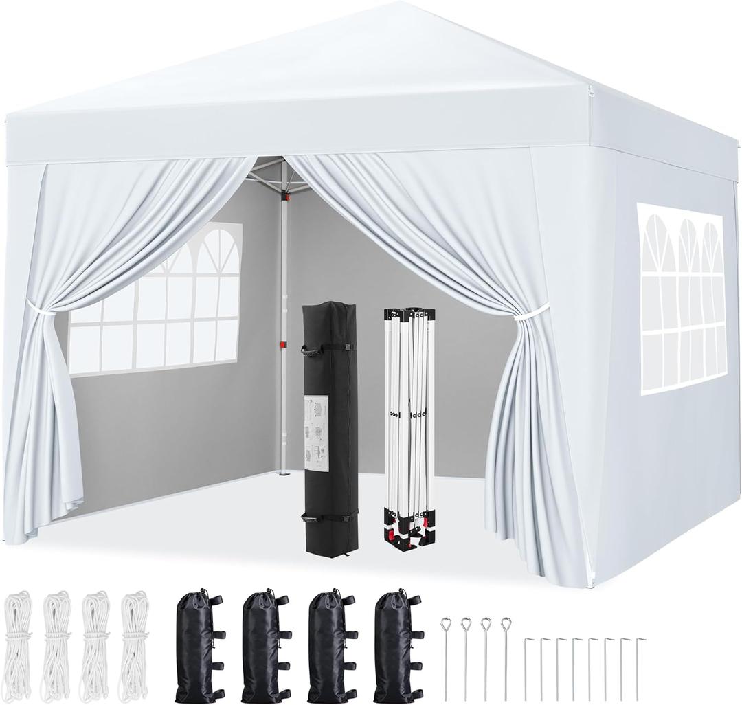 Yaheetech 10x10 Pop Up Canopy with 4 Removable Sidewalls, Portable Enclosed Instant Tent, Waterproof Outdoor Tent, Beach Sun Shelter with 4 Sandbags, 12 Stakes & 4 Ropes, Silver-Coated White