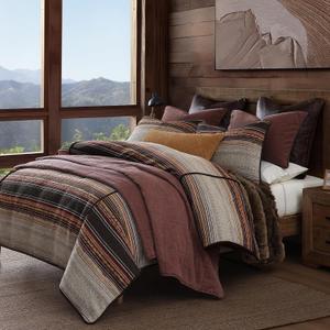 Estes Western Bedding 2 Piece Twin Comforter Set, Copper Striped Rustic Cabin Theme Bed Set, Faux Leather Details, Chenille Jacquard Comforter Set with Pillow Shams
