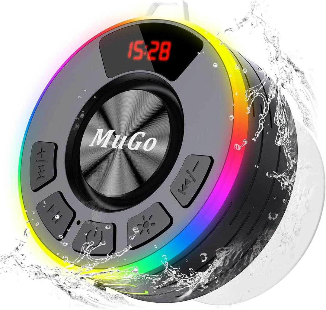 MuGo Bluetooth Shower Speaker, 360° HD Stereo Sound, IPX7 Waterproof Wireless Speaker Bluetooth 5.3 with RGB Lights, Suction Cup and Microphone, Small Shower Radio for Home/Party/Outdoor/Gifts, Black