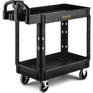 ELAFROS Utility Cart with Ergonomic Handle and Built-in Tool Compartments - 37.5" x 17" Work Cart W/Deep Shelves Safely Holds up to 550 lbs - 2 Tier Rolling Cart, Black