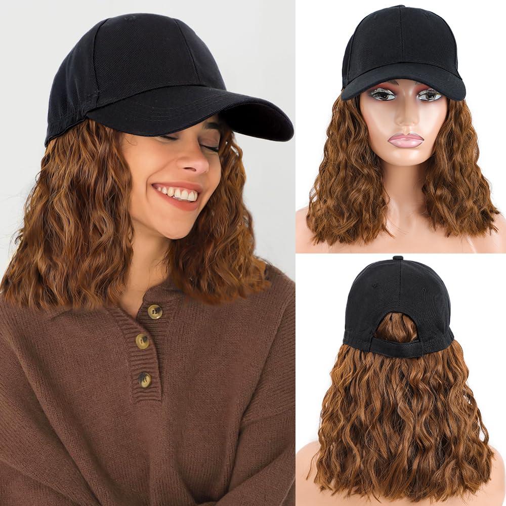 Short Wave Baseball Cap Wig with Curly Hair Extension Synthetic Wave Wig Hats for Women Adjustable Brown Black Baseball Hat Wig (Light Brown) (14 Inch)