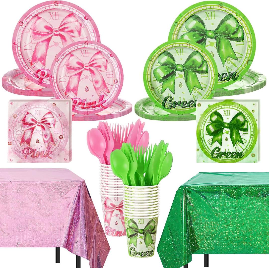 Hushee 170 Pcs Pink and Green Witch Party Decorations Witch Birthday Party Supplies Including Plates Tablecloth Cups Napkins Knives Forks Spoons for Birthday Favors, Serve 24 Guests(Bow)