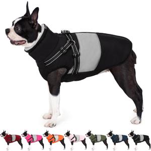 AOFITEE Small Dog Coat, Dog Winter Coat with Harness Built in, Warm Dogs Jacket with Zipper & Polar Fleece Collar, Waterproof Pet Snow Jacket Snowsuit for Schnauzer, Chihuahua Yorkshire, S (Black)