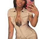 Halfword Women's Sexy Bodycon Romper Zip Up Solid Color Short Pants One Piece Jumpsuits Clubwear with Multiple Pockets Khaki Small