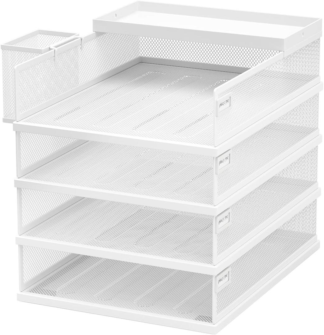 FANXIYQ Stackable Letter Trays, 4 Tier Metal Paper Tray & Desk Organizer, Stackable File Trays for Office & Home, Multi-Functional Document Tray with Fine Grid Design & Magnetic Labels,White