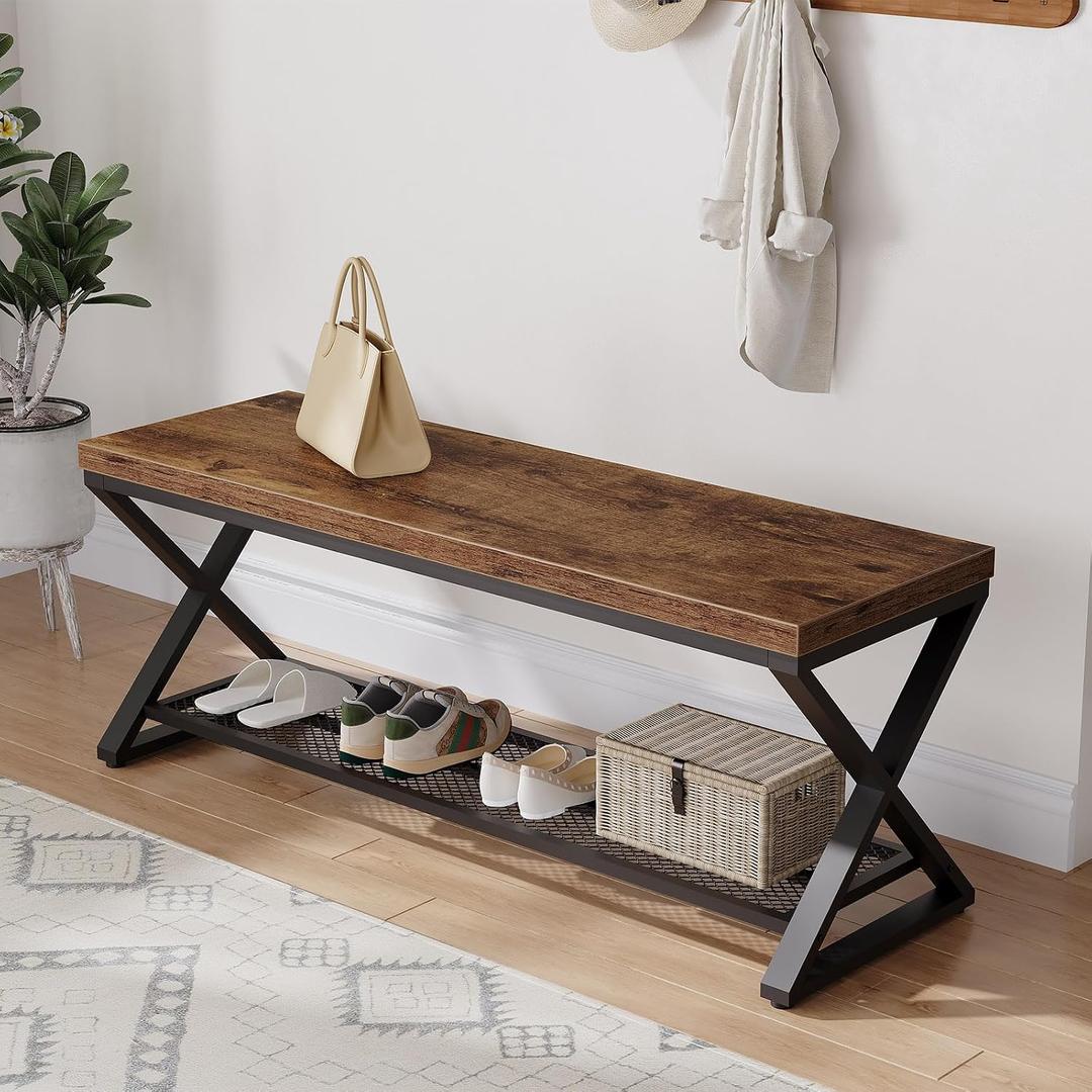 LVB Rustic Entryway Bench, 47 Shoe Bench with Storage for Entry Way, Industrial Shoe Rack Bench with Seating for Foyer Entrance, Farmhouse Wood Bench for Hallway Living Room Bedroom, Rustic Brown