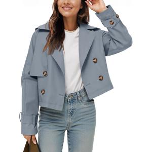 Tankaneo Womens Cropped Trench Coat Lapel Double Breasted Short Jacket Outwear (Medium, Grey Blue)
