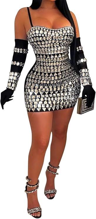 Women's Big Rhinestones Bodycon Sexy Nightclub Party Dress with Long Gloves, L