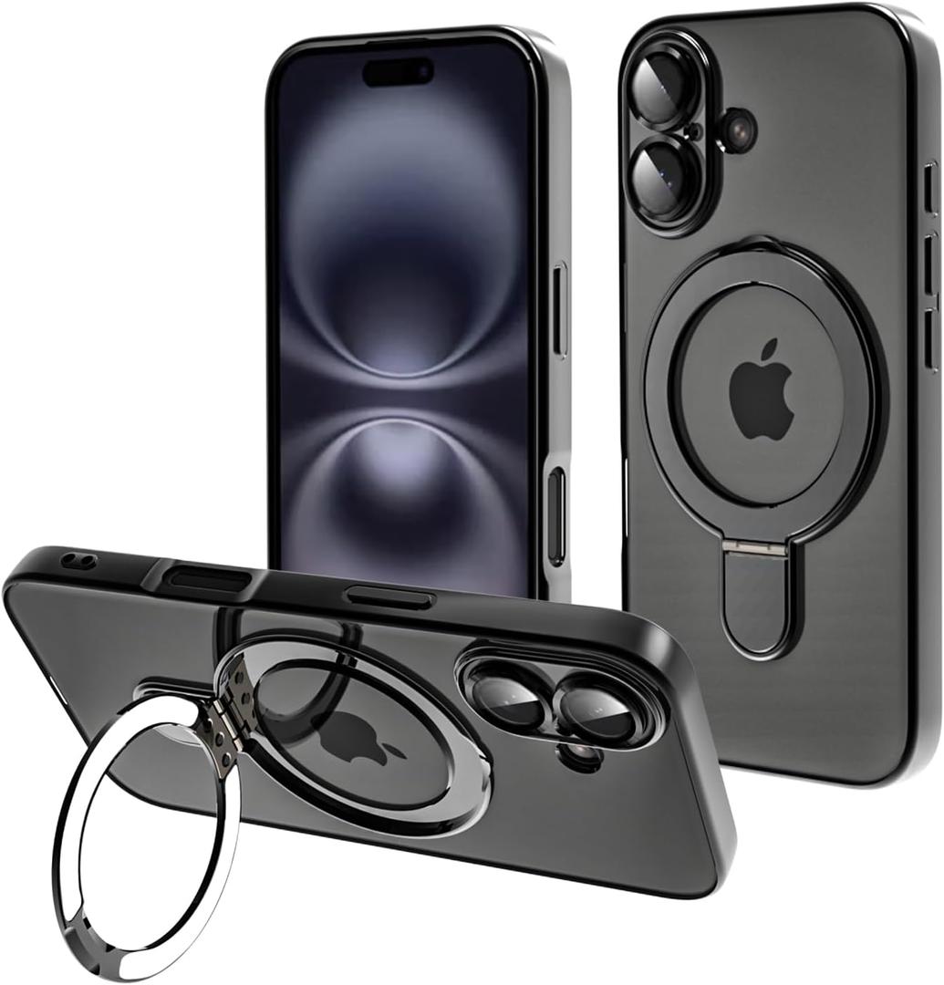 Tnarru Designed for iPhone 16 Case with Stand [Magnetic Ring Holder] [Built-in Camera Lens Protector] Slim Anti-Scratch Non-Yellowing for iPhone 16 Clear Case Black