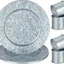 Charger Plates 13 Inches Chargers for Dinner Rustic Galvanized Charger Plates Napkin Ring Farmhouse Napkin Modern Rings for Dinning Table Decor, Simple, Silver(4 Sets)