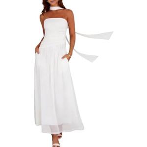 Summer Maxi Dresses for Women 2026 Strapless Ruched Tube Dress with Scarf Beach Vacation Spring Wedding Guest Dress Pockets Size S