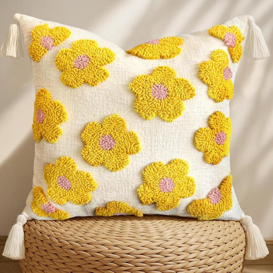 Throw Pillow Covers 18x18 - Tufted Decorative Pillow Cover with Zipper for Couch Sofa Bed Living Room Home Decor Aesthetic Soft Spring Summer Farmhouse Tassels Indoor Pillowcase, Yellow Flower