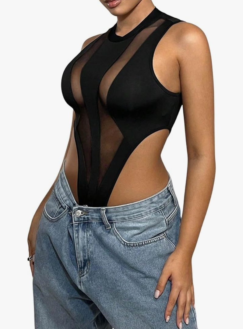 OYOANGLE Women's Contrast Mesh Sleeveless Tank Top Bodysuit High Cut Slim Fitted Party Club Rave Body Suits Black S