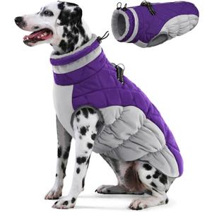 AOFITEE Dog Coat, Warm Dog Jackets for Large Dogs, Reflective Turtleneck Dogs Winter Coat with Harness Built in, Waterproof Windproof Pet Snow Jacket Fleece Vest for Cold Weather, Purple XXL