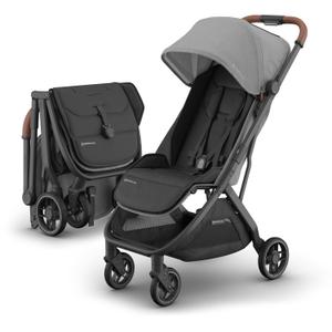 UPPAbaby Minu V3 Travel Stroller - Lightweight + Compact Design - One-Hand Fold + Unfold - from Birth + Overhead Compatible - Greyson (Charcoal Mlange/Carbon Frame/Saddle Leather)