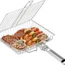 Stainless Steel Grill Baskets for Outdoor Grill, Large BBQ Fish Grill Basket with Stainless Steel Foldable Handle for Chicken Meat Vegetables Steak, Outdoor BBQ Grill Accessories Basket for Seafood