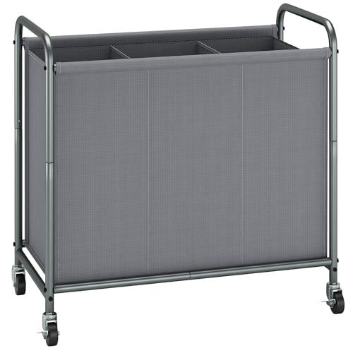 STORAGE MANIAC Rolling Laundry Hamper, 165L Laundry Basket with Lockable Wheels, Triple Clothes Sorter Cart, 3 Bag Clothes Separator Hamper for Closet, Bathroom, Laundrys Room, 3 Section Gray