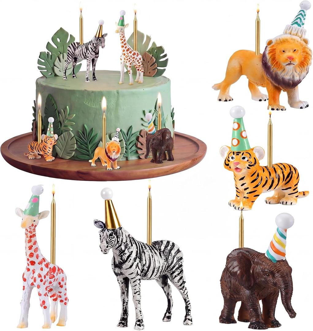 5 Pcs Safari Jungle Animal Cake Candle Holders Resin Animals Figures Cake Topper Birthday Party Decor Giraffe Lion Elephant Zebra Tiger Candle Stands for Wild Animals Themed Party Decor