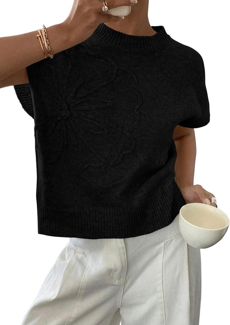 PRETTYGARDEN Women's 2026 Spring Sweater Vest Trendy Flower Knit Short Sleeve Cute Pullover Tank Tops Summer Fashion Clothing (X-Large, Black)
