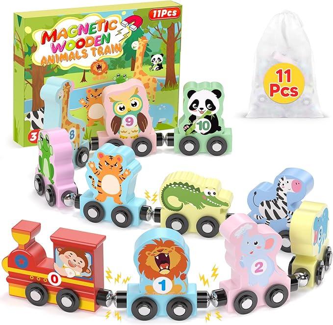 11 Pcs Magnetic Train Set Montessori Toys for 1 2 3 Years Old Toddlers Boys Girls, Wooden Animals Preschool Learning Activities Educational Sensory Toys Birthday Gifts Ages 13, 24