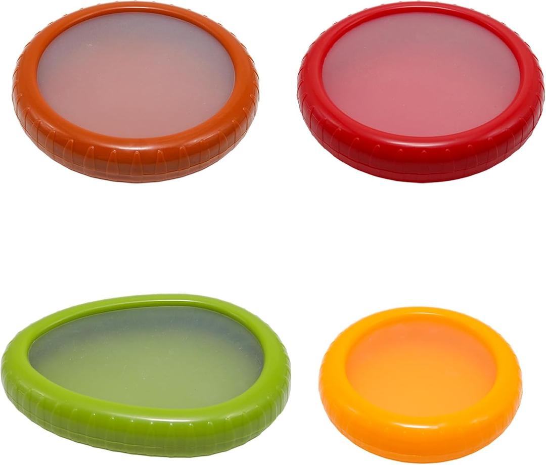 4Pcs Silicone Avocado Saver and Onion Storage Set, Reusable Fruit and Vegetable Storage Box for Avocados, Onions, Tomatoes, Potatoes, Lemons, Apples, Garlic Etc (Set A) (Red & Yellow & Orange & Green)