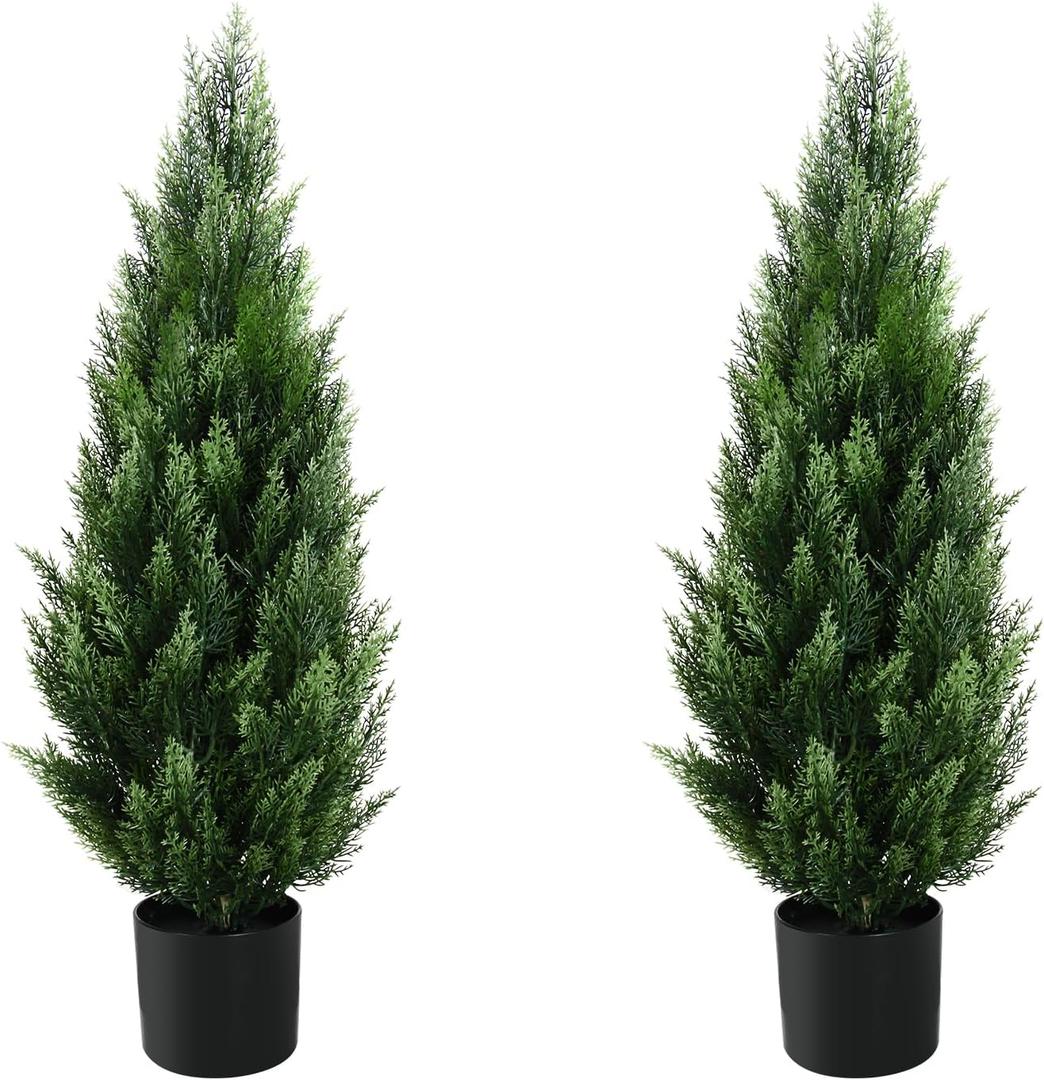 3FT Artificial Topiary Tree Beautiful Realistic Faux Cedar Pines Christmas Trees UV Rated Fake Shrubs for Front Porch Faux Plants Indoor and Outdoor Decor (2 Pack)