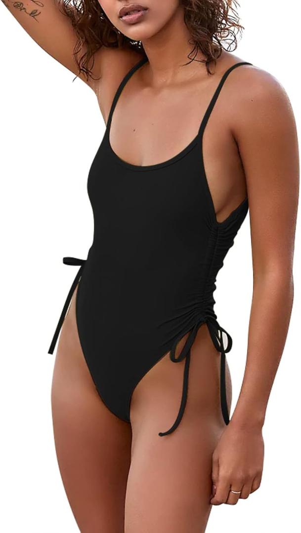 KRLAGAPAS Women's Black Cheeky One Piece Bathing Suit Swimsuit Tummy Control High Cut Sexy, SW02Black L