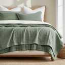 EVERGRACEHOME Stonewashed Cotton Quilt Set Full Queen Size, Ultra Soft Oversized Bedspread Coverlet Set, Lightweight Crinkle Box Stitch Bedding Sets for All Season, with 2 Shams, Blue