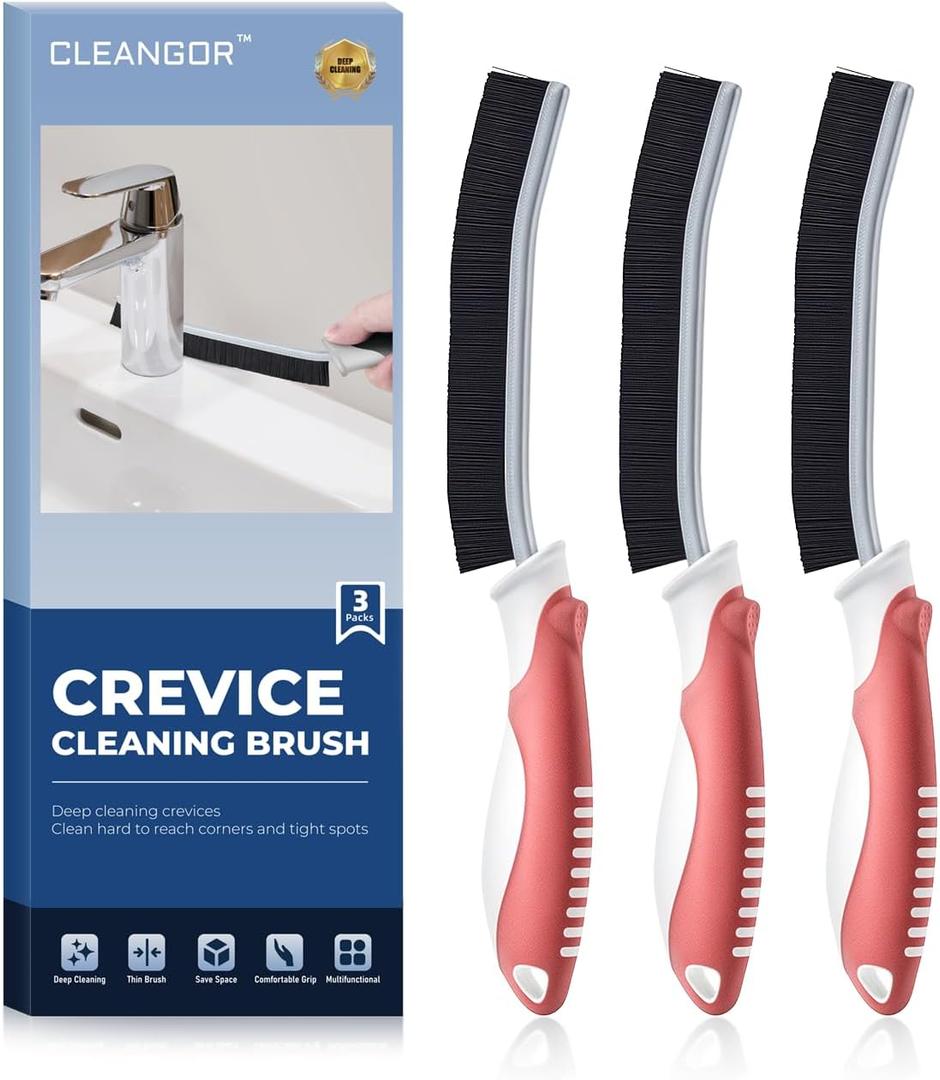 3 x Crevice Cleaning Brushes, Scrub Brush for Hard to Reach Small Space, Home Essentials, Cleaning Supplies, Cleaning Tools for Household Use, Bathroom, Shower, Kitchen, Toilet, Window (3, Red)