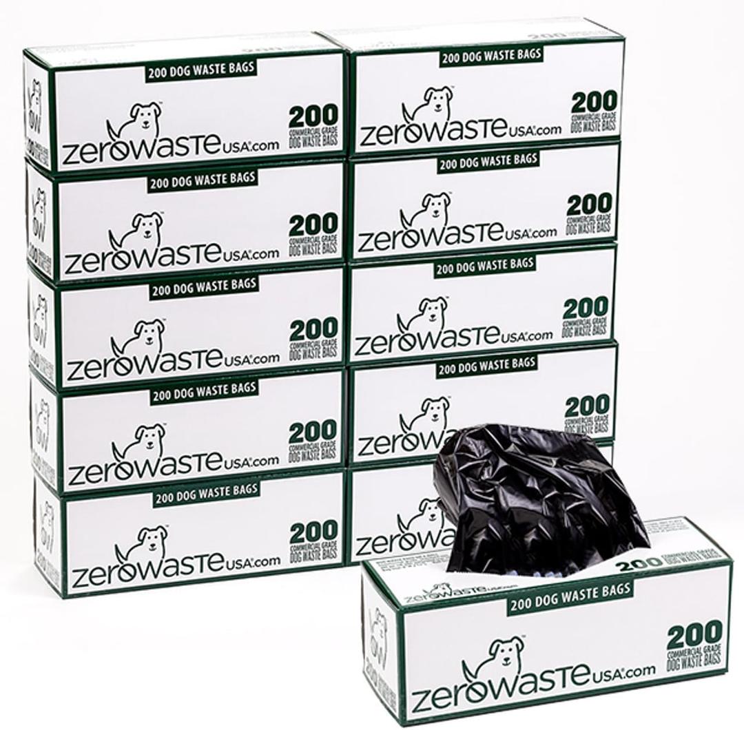 Zero Waste USA 2,000 Premium Dog Waste Station Refill Roll Bags - can fit any commercial roll bag dispenser (10 rolls of 200 bags) (Black)